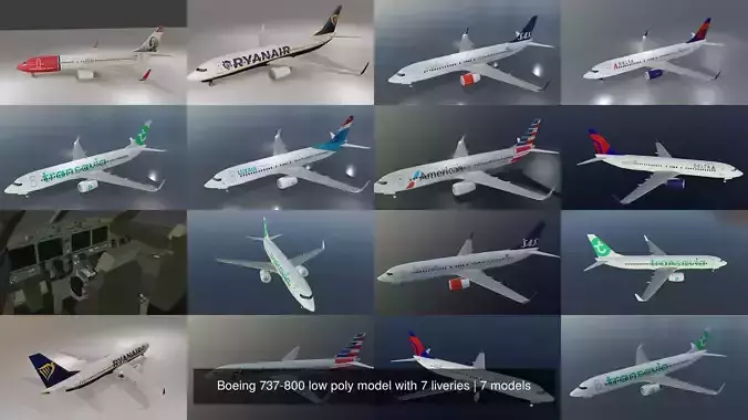Boeing 737-800 low poly model with 7 liveries 3D Model Collection