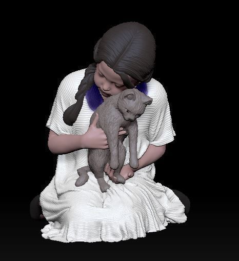 little girl with cat 3D print model_3