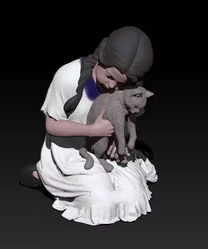 little girl with cat 3D print model_0