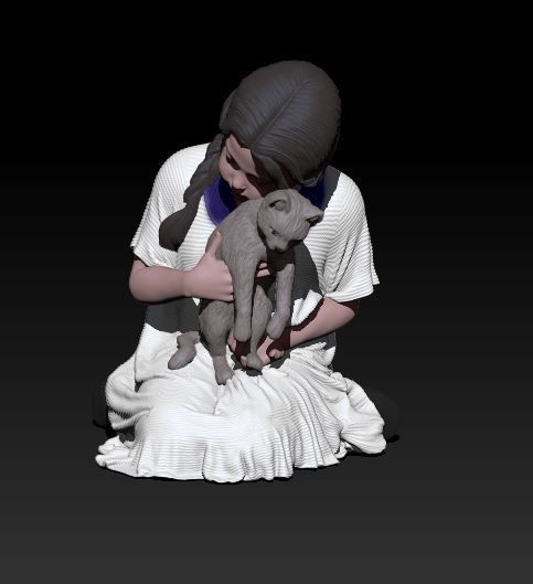 little girl with cat 3D print model_1