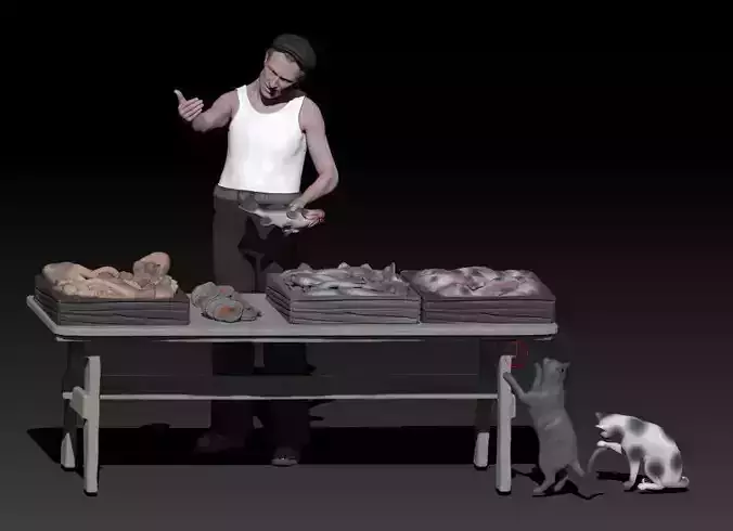 fish seller p with cats 3D print model