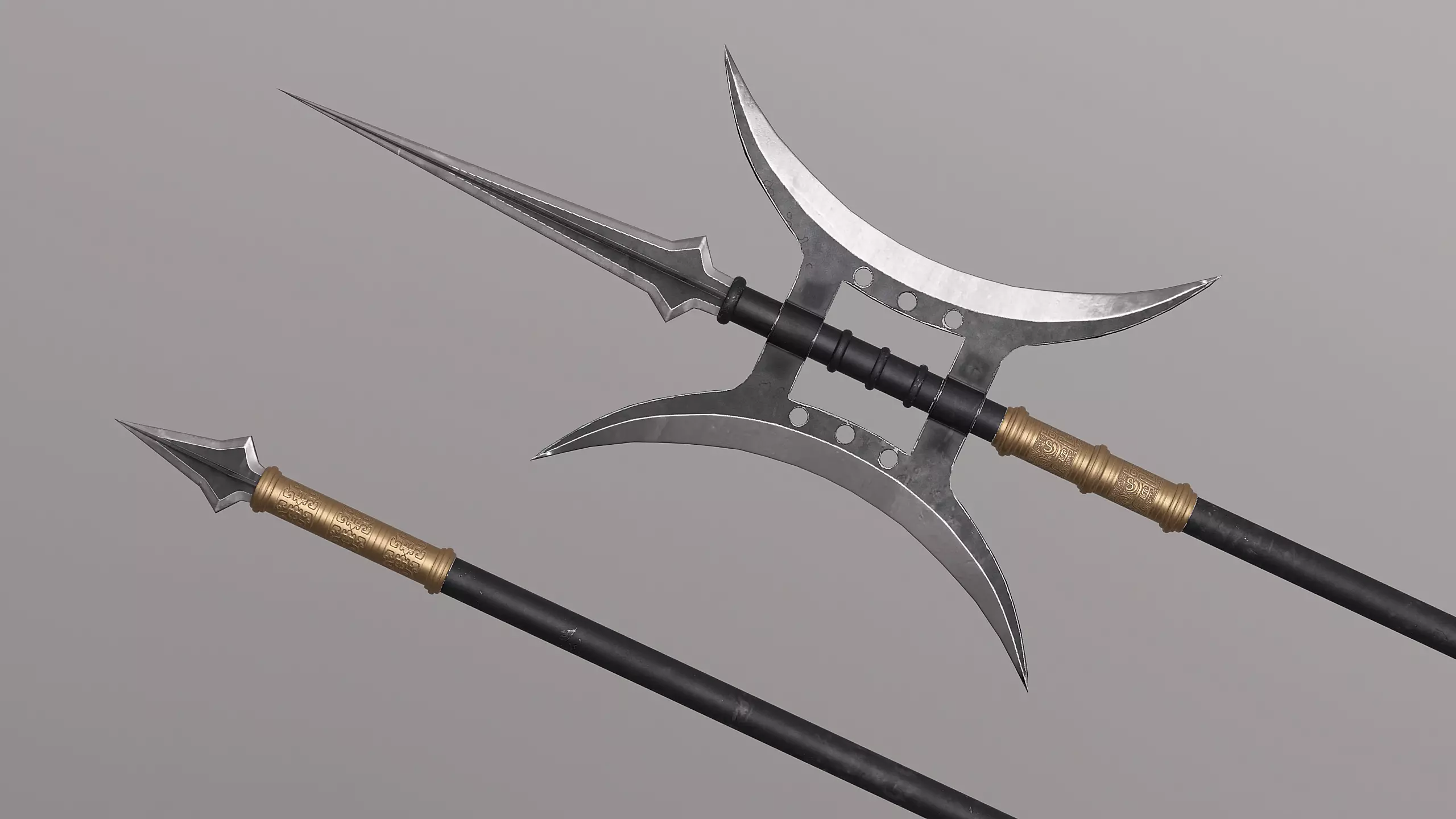 Double Moon Halberd  Spear Pike PBR Ancient Weapon 4K Texture 3D model_0