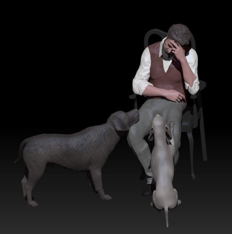 sad man with dogs 3D print model_1