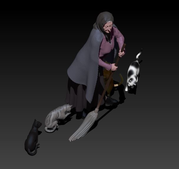 old woman with cats 3D print model_2