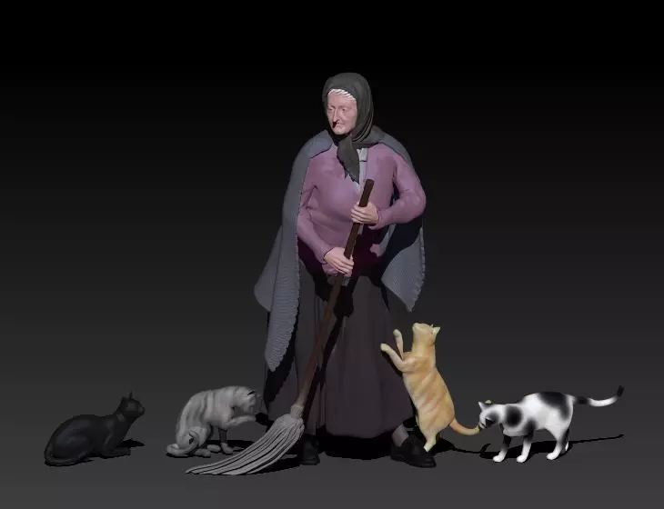 old woman with cats 3D print model_0
