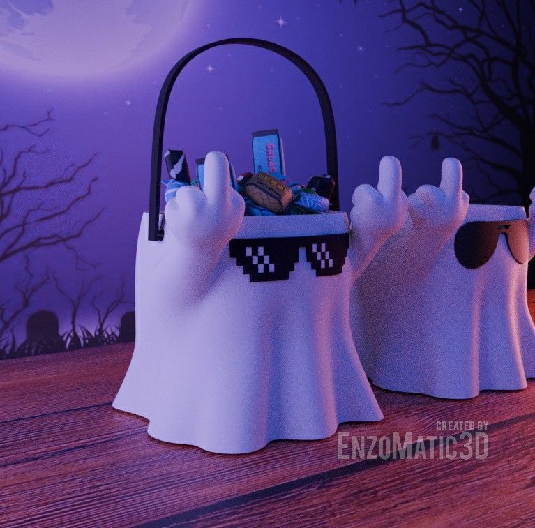 ghost with finger fuck you Candy bucket Halloween STL 3MF 3D print model_3