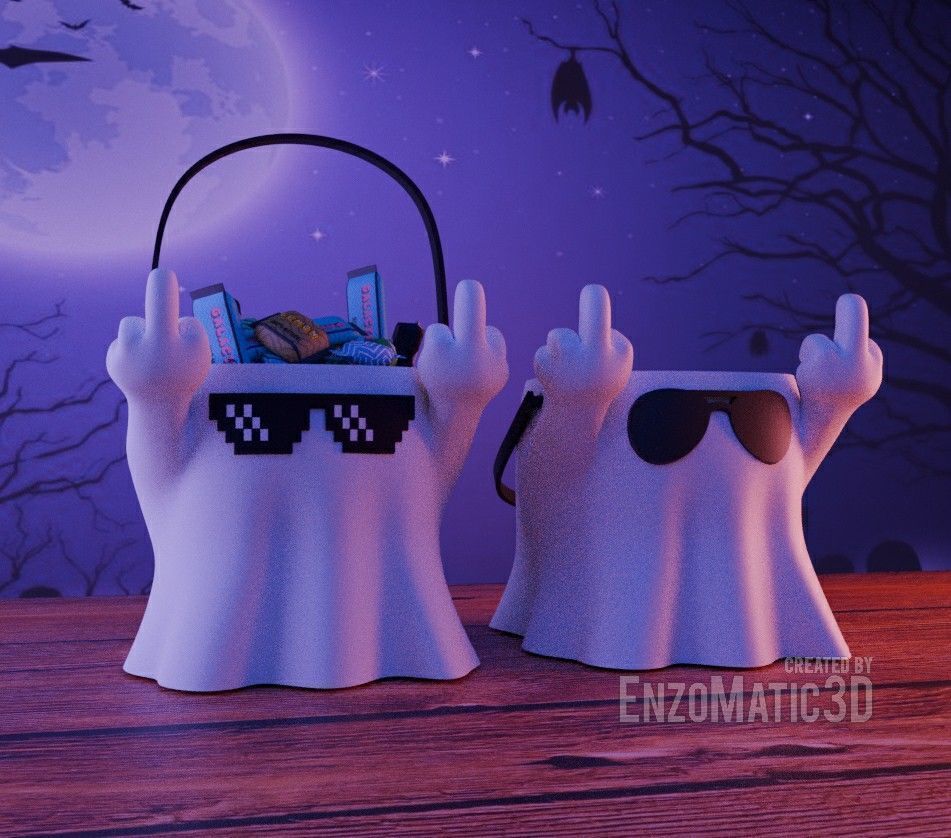 ghost with finger fuck you Candy bucket Halloween STL 3MF 3D print model_1