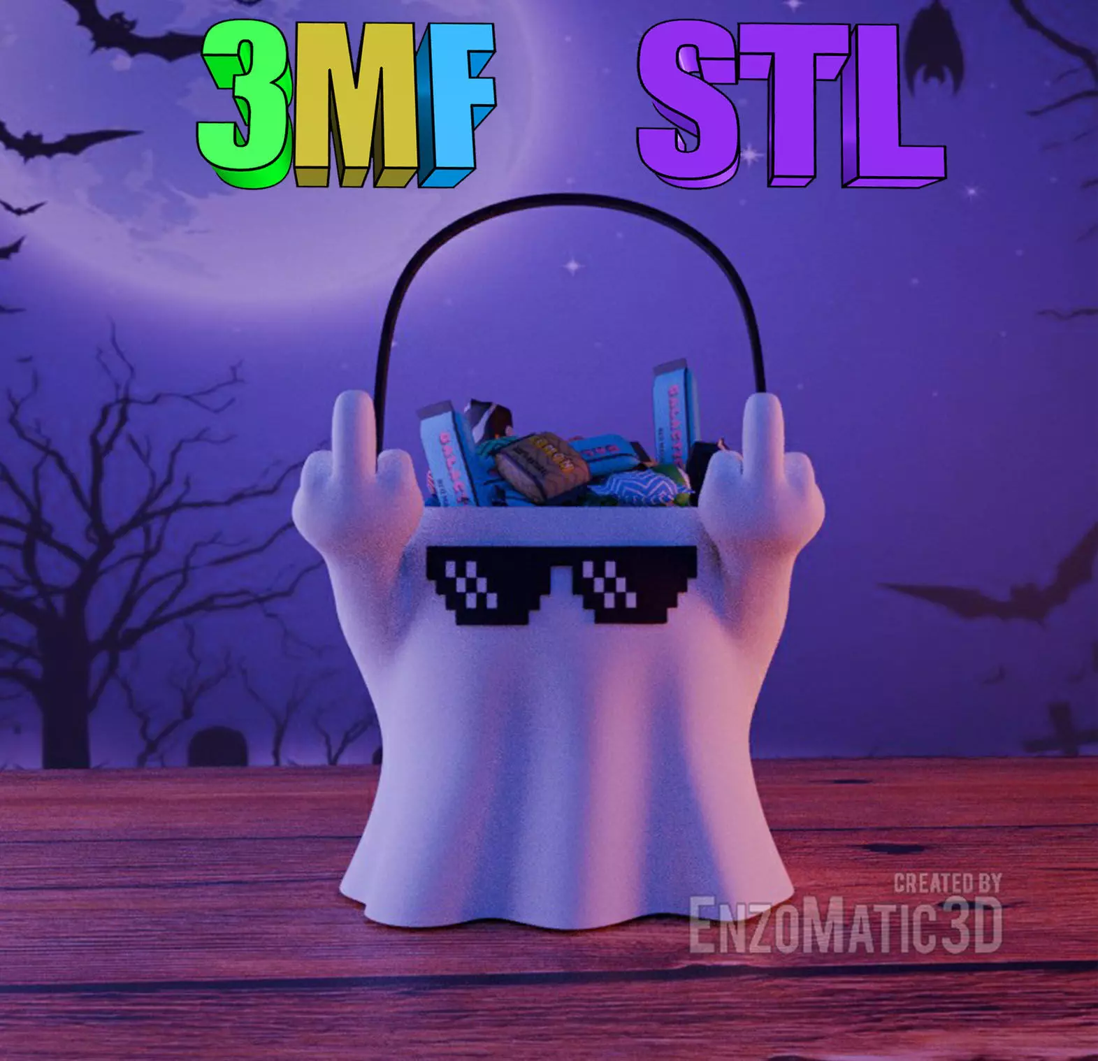 ghost with finger fuck you Candy bucket Halloween STL 3MF 3D print model_0