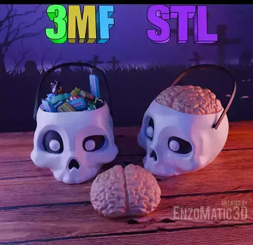skull skeleton head with brain Candy bucket Halloween STL 3MF
