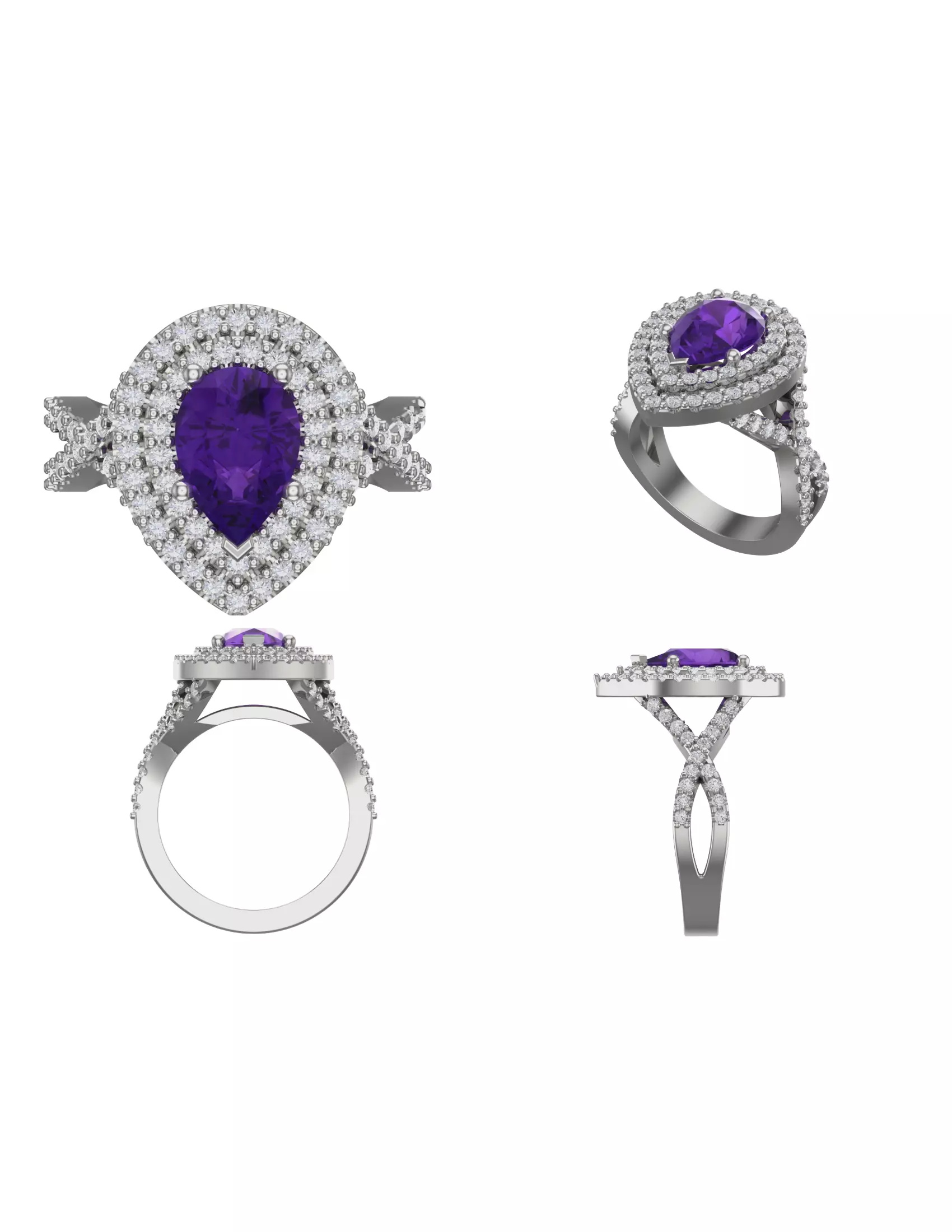 Pear double Halo twist ring Amethyst Topaz Diamond 3D print model