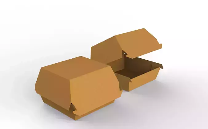 Kraft burger box mockup with open closed views and die-cut file Low-poly 3D model