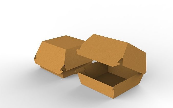 Kraft burger box mockup with open closed views and die-cut file Low-poly 3D model 3