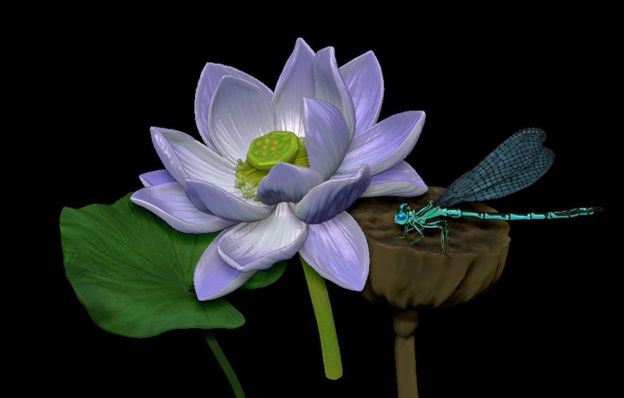 Dragonfly on a lotus flower 3D print model_2