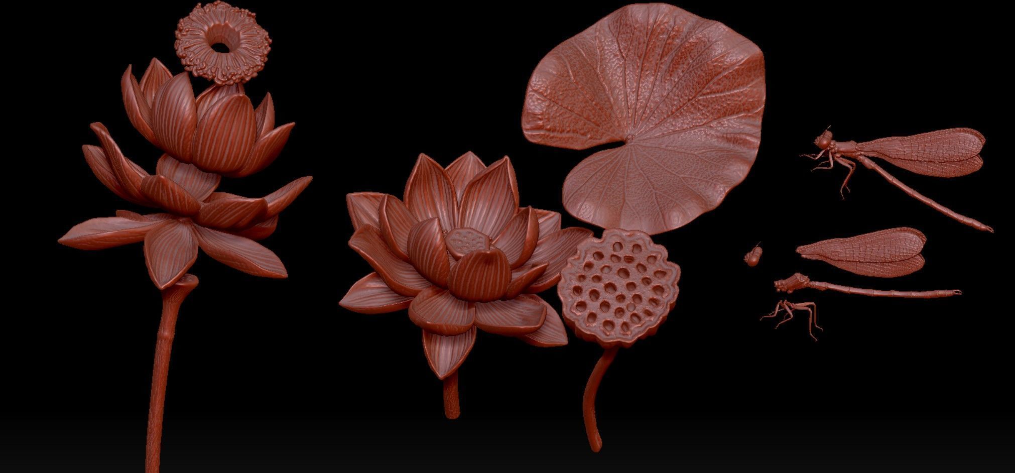 Dragonfly on a lotus flower 3D print model_9