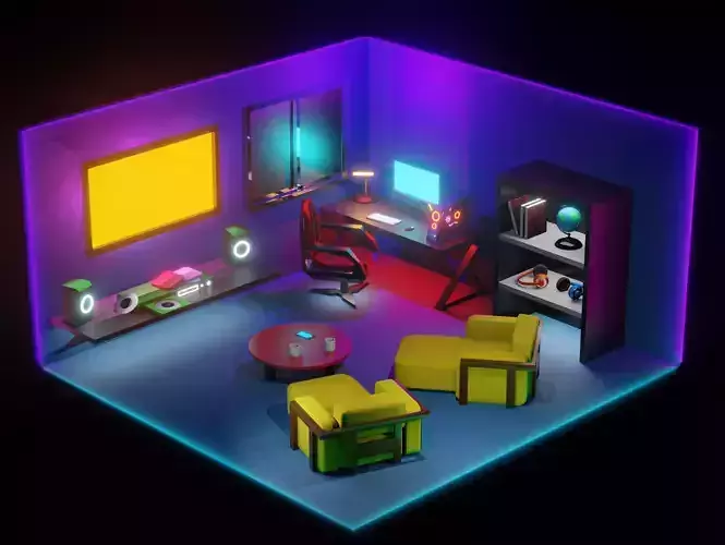 Stylized Neon Room - 3D Isometric Model