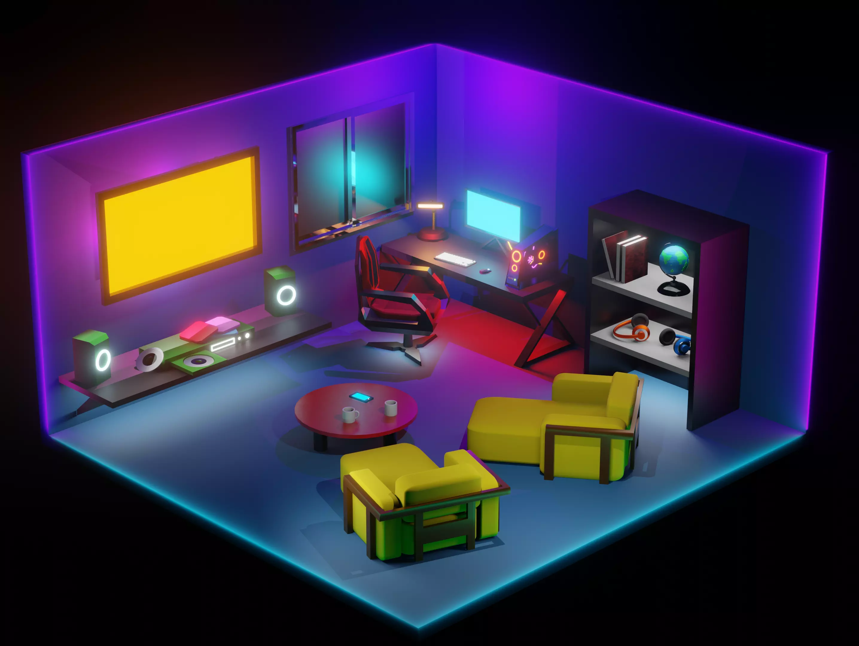 Stylized Neon Room - 3D Isometric Model Free 3D model_0