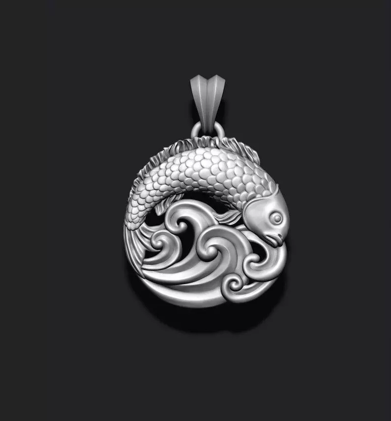 Fish and waves pendant 3D print model_0