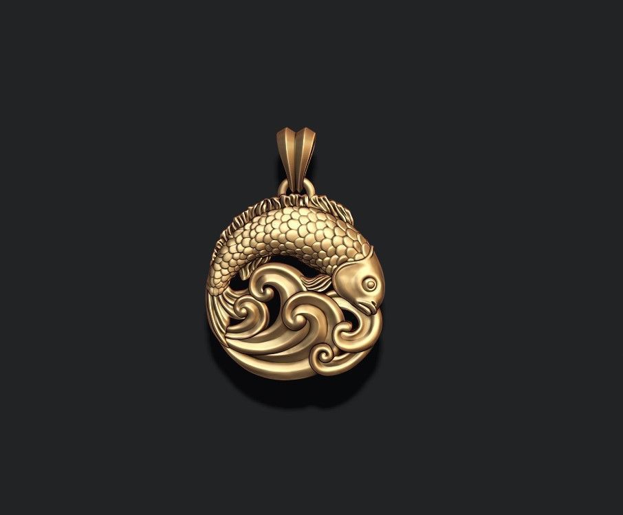 Fish and waves pendant 3D print model_2