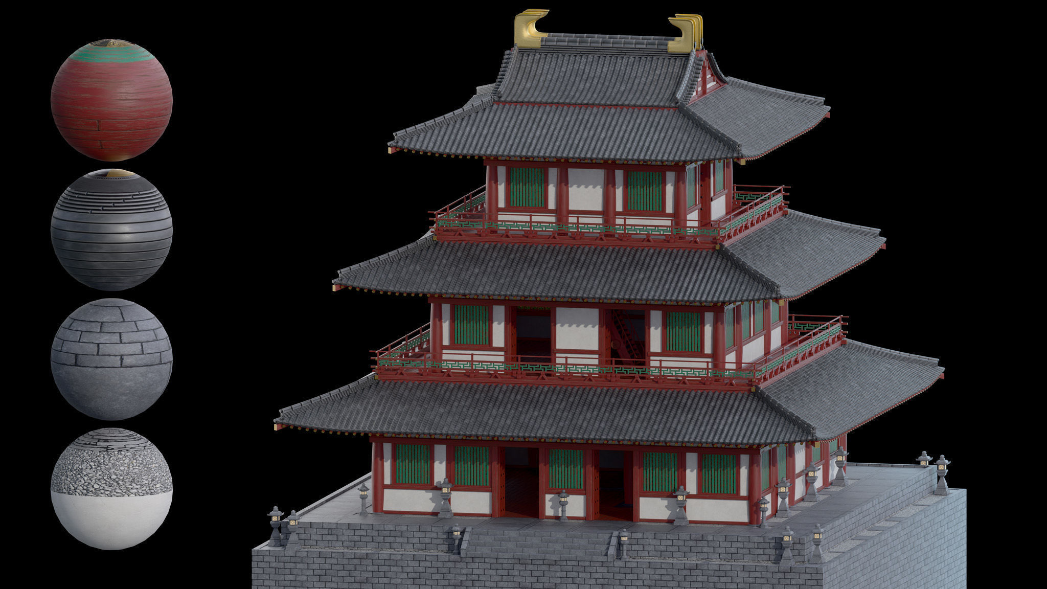 Modular Japanese Temple Kit Low-poly 3D model_16