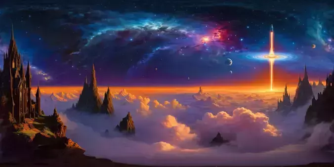 8K HDR Massive Dark Spires Against Swirling Nebula Background