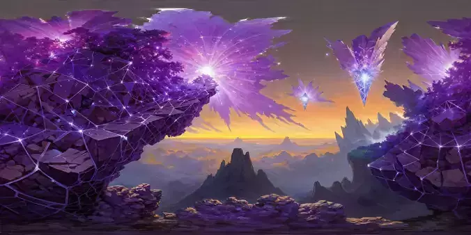 8K HDR Massive Shattered Amethyst Structures Background