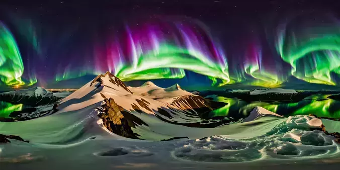 8K HDR Majestic Snow-Capped Mountain Range Aurora Background
