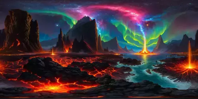 8K HDR Majestic Alien Landscape with Glowing Lava Background