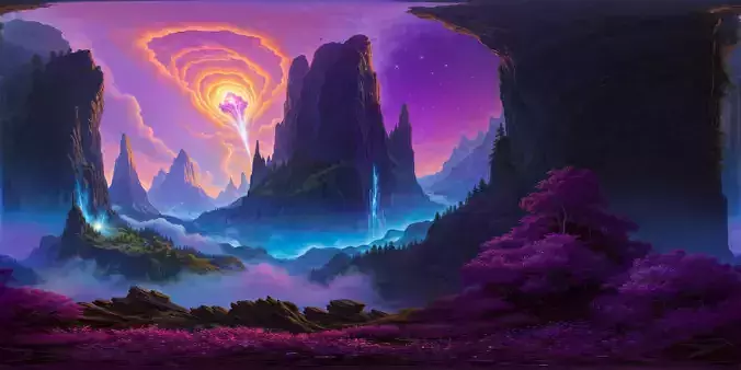 8K HDR Towering Alien Cliffs with Amethyst Nebula Background