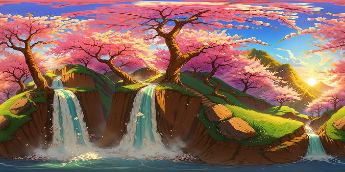 8K HDR Cherry Blossom Valley with Waterfalls Background 3D model