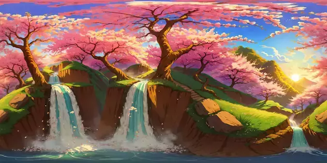 8K HDR Cherry Blossom Valley with Waterfalls Background
