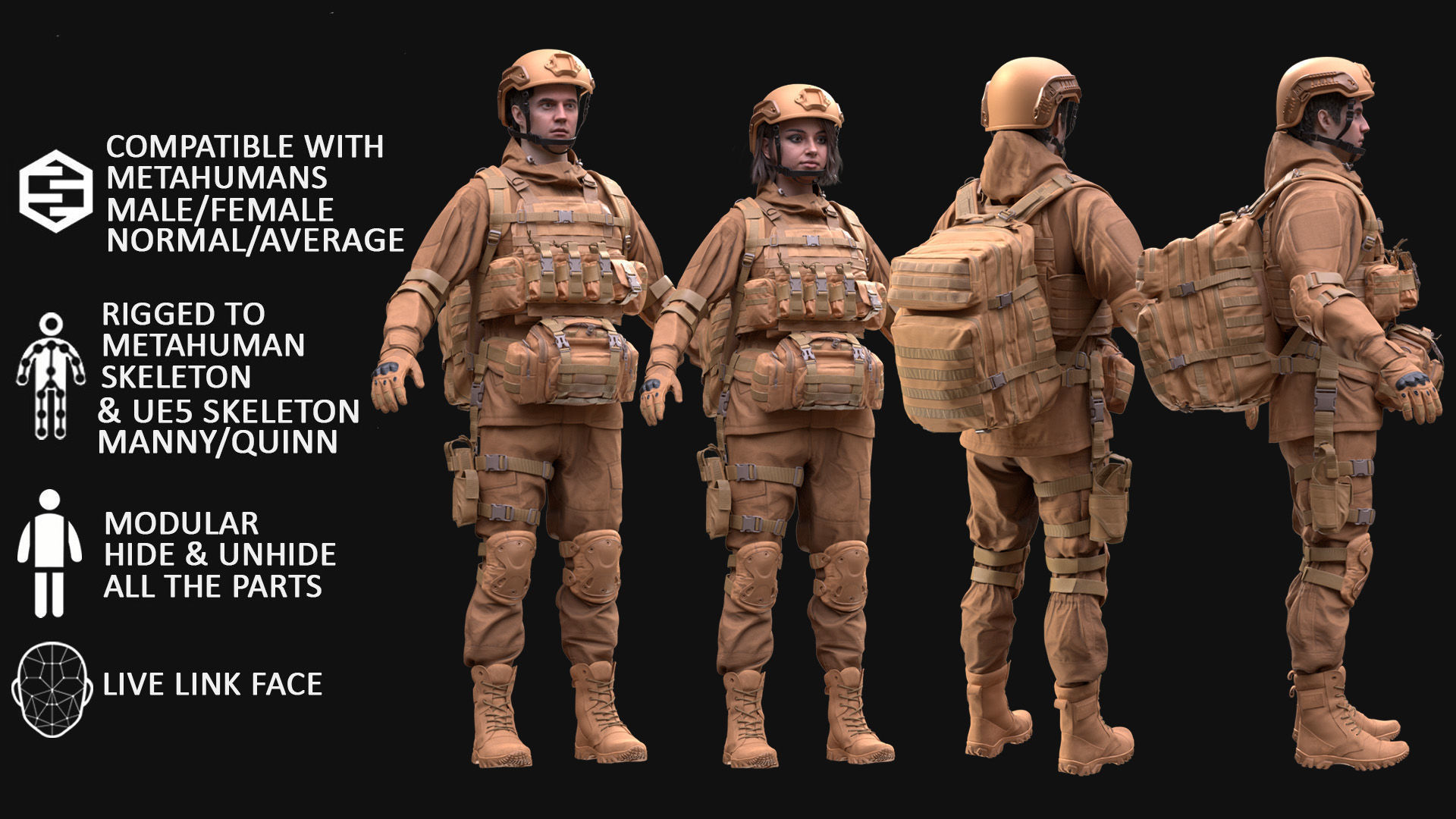 Military Outfit 1 - Male - Female MH - UE5 Skeletons - Rigged Low-poly 3D model_2