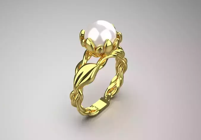 Yellow gold STL ring with ivy and pearl design model pr0019