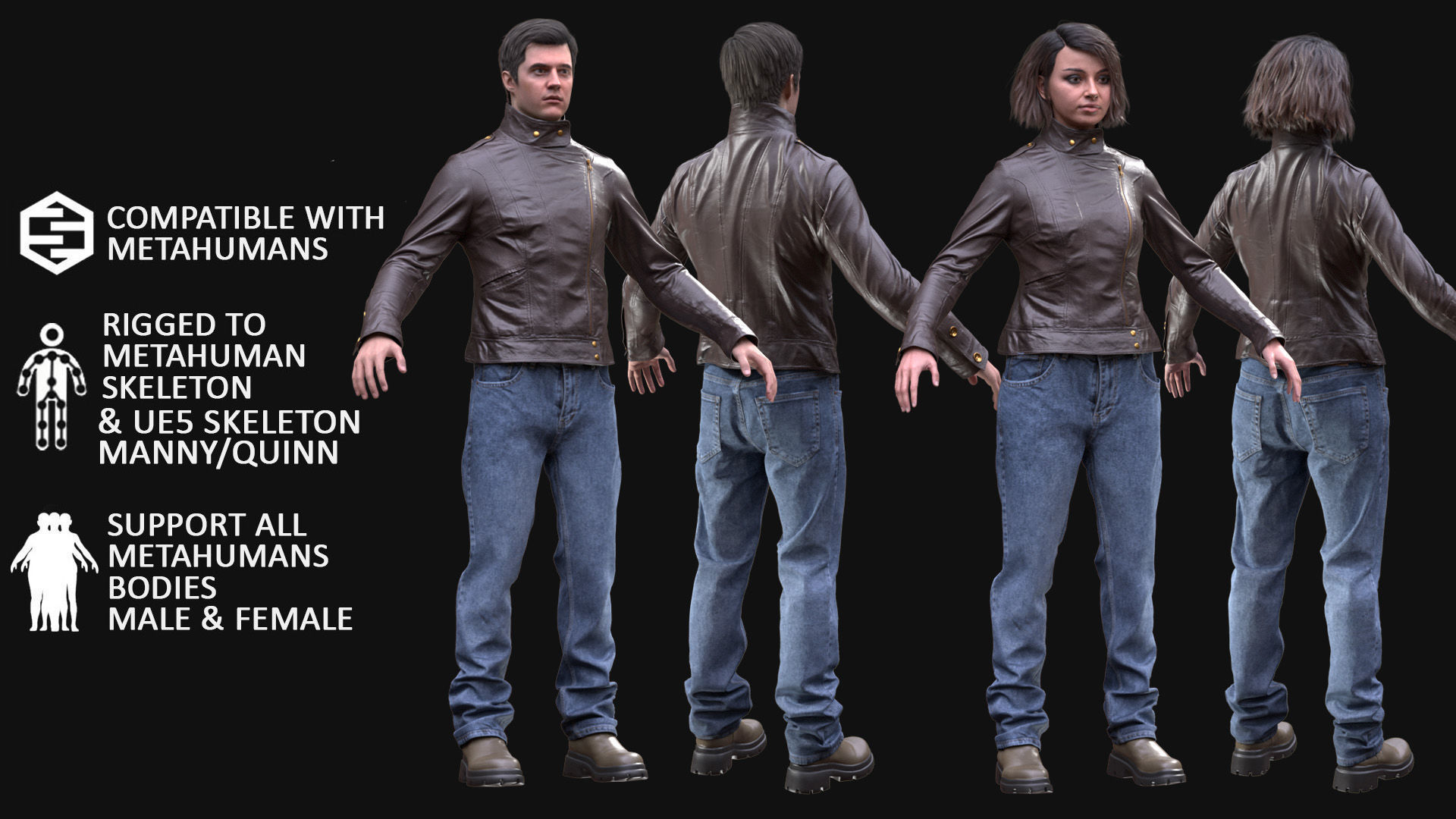 Casual Outfit 2 - Male - Female MH - UE5 Skeletons - Rigged Low-poly 3D model_2