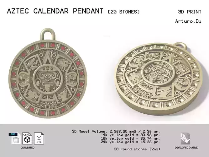 Aztec Calendar Pendant with 20 stones 3D print model