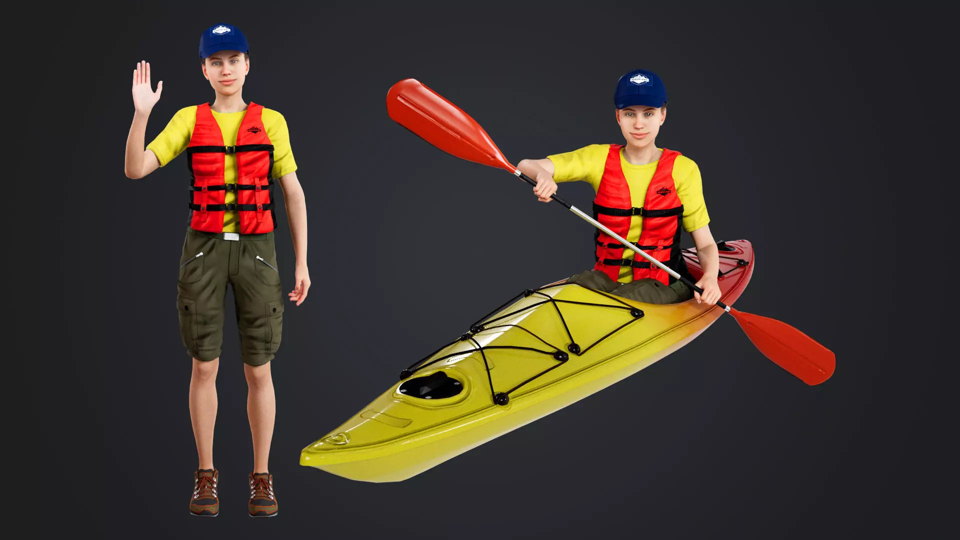 Kayak Canoe Athlete Low-poly 3D model_0