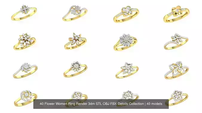 40 Flower Women Ring Render 3dm STL OBJ FBX Details Collection