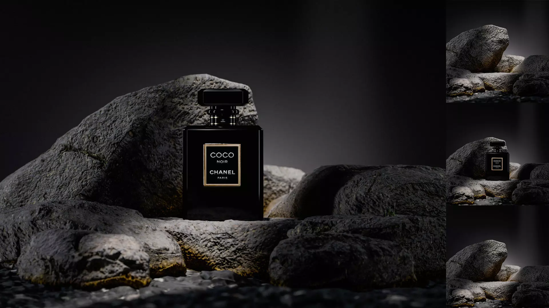 A bottle of perfume is displayed on a rock Low-poly 3D model