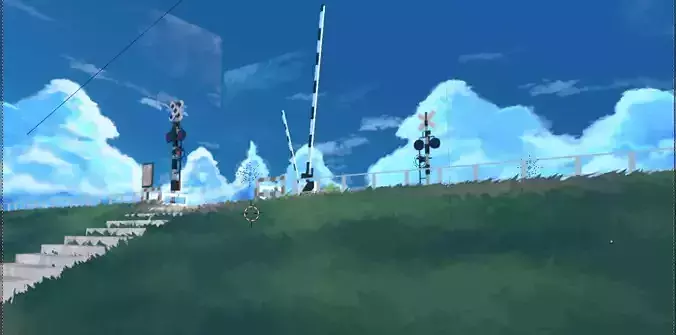  studio ghibli style anime in 3d train crossing river side scene