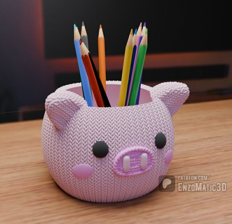 knitted pig pot flower pot pencil holder STL 3MF 3D print model_2