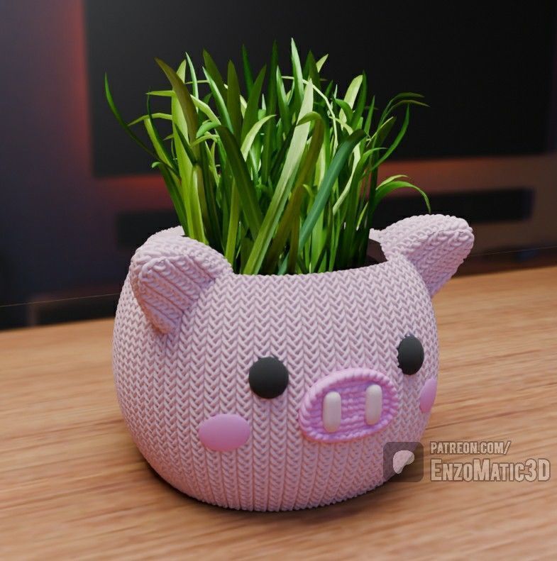 knitted pig pot flower pot pencil holder STL 3MF 3D print model_1