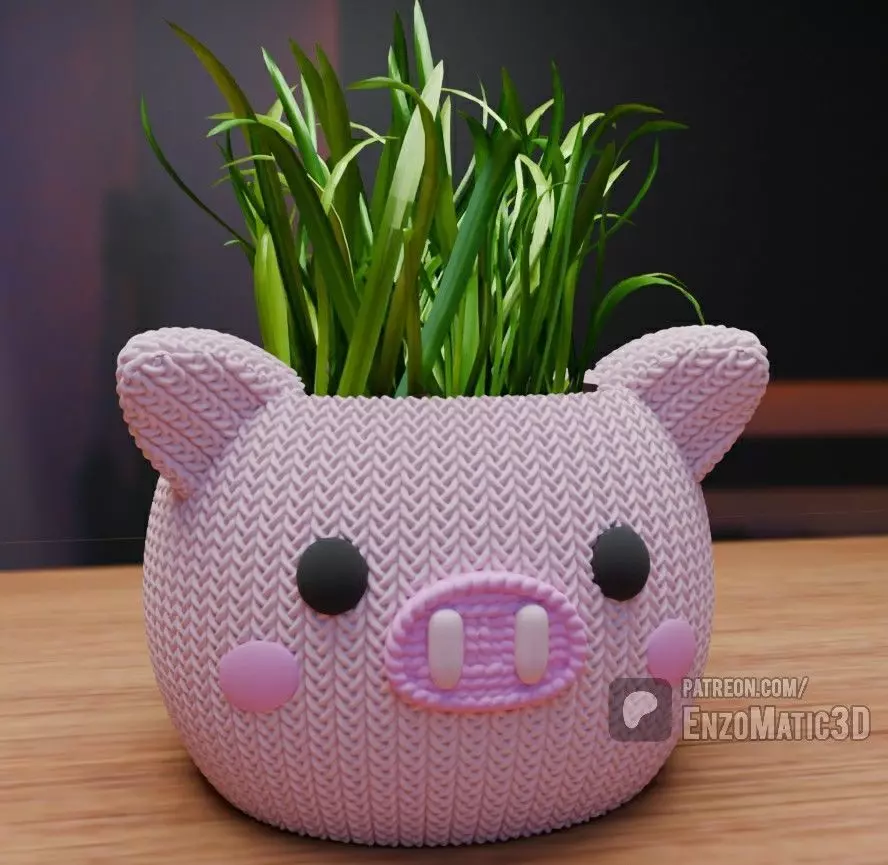 knitted pig pot flower pot pencil holder STL 3MF 3D print model_0