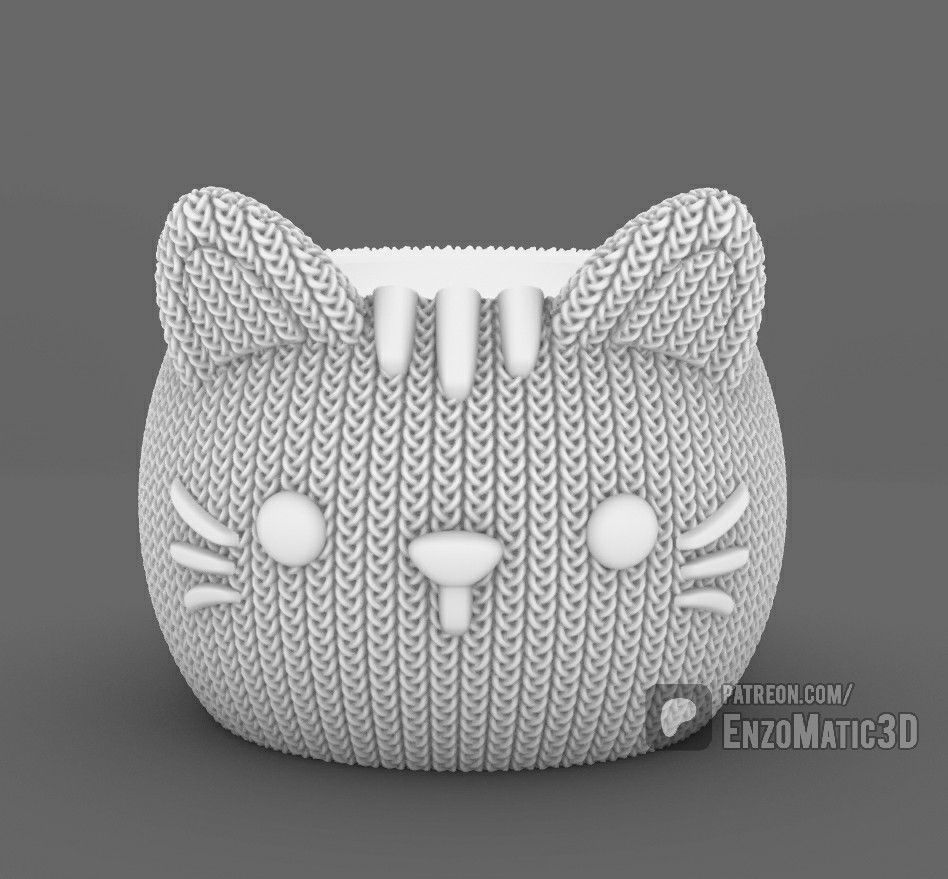 knitted cat flower pot pencil holder STL 3MF 3D print model_3
