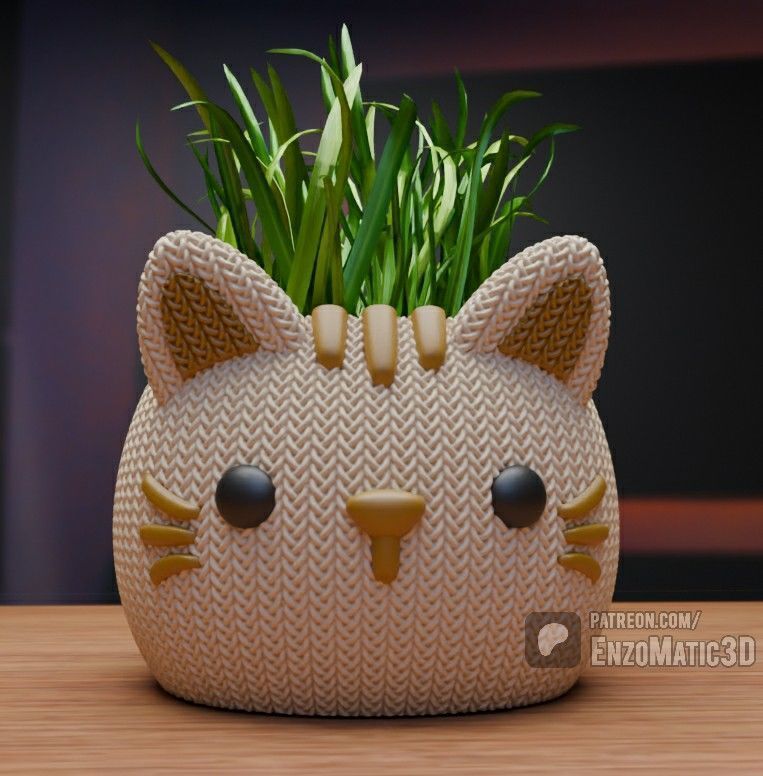 knitted cat flower pot pencil holder STL 3MF 3D print model_1
