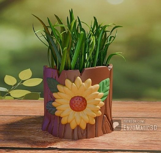 sunflower on tree flower pot pencil holder 3mf STL 3D print model