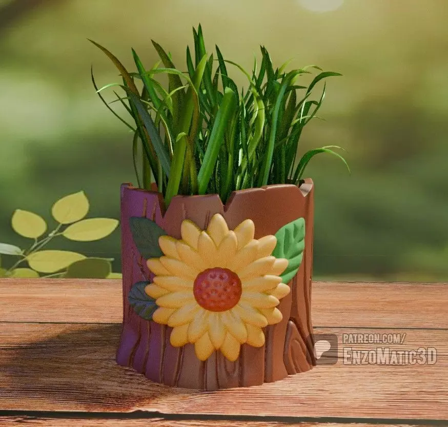 sunflower on tree flower pot pencil holder 3mf STL 3D print model_0