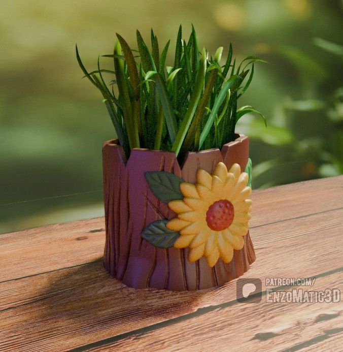 sunflower on tree flower pot pencil holder 3mf STL 3D print model_1