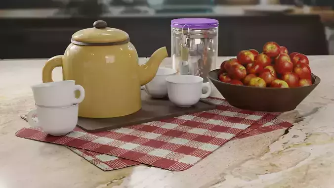 Cozy Kitchen Teapot  cups and wooden bowl 3D models