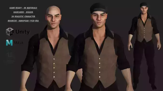 AAA 3D REALISTIC CHARACTER - EUROPEAN BOUNCER 1920 ERA NPC Low-poly 3D model