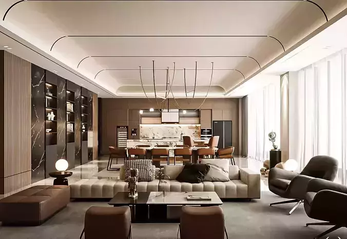 Living Room Dining Room Kitchen Modern Luxury Scene Interior