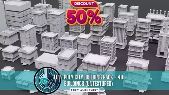 Low Poly City Buildings Pack Of 40 - Game Ready - Untextured  Low-poly 3D model